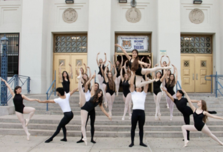 Joffrey Dance Academy’s First Company poses outside of Fort Hamilton. Photo by Monica Lessard.